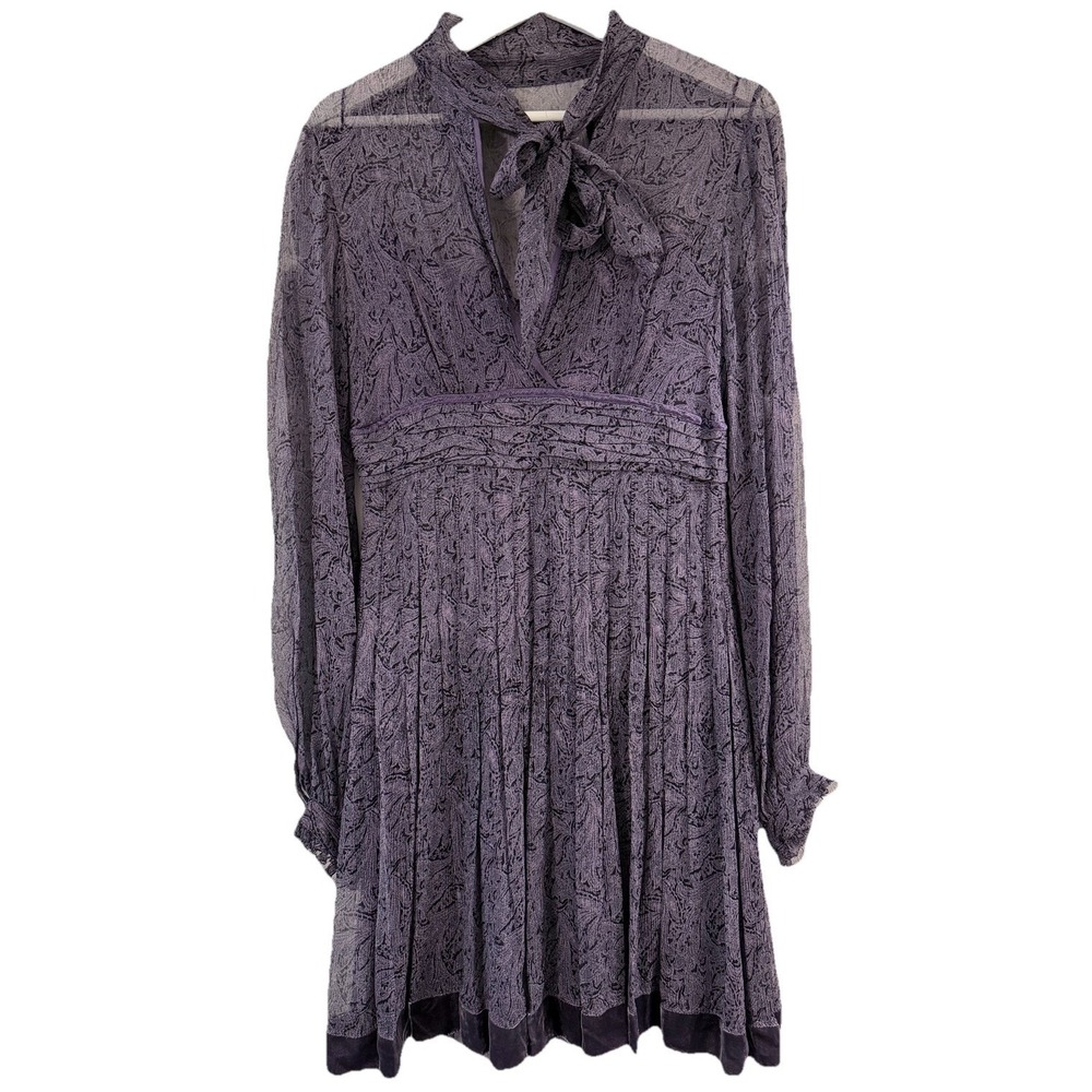 Elie Tahari The Sophia 100% Silk Chiffon Paisley Bow Pleat Dress Purple Sz Sm 4